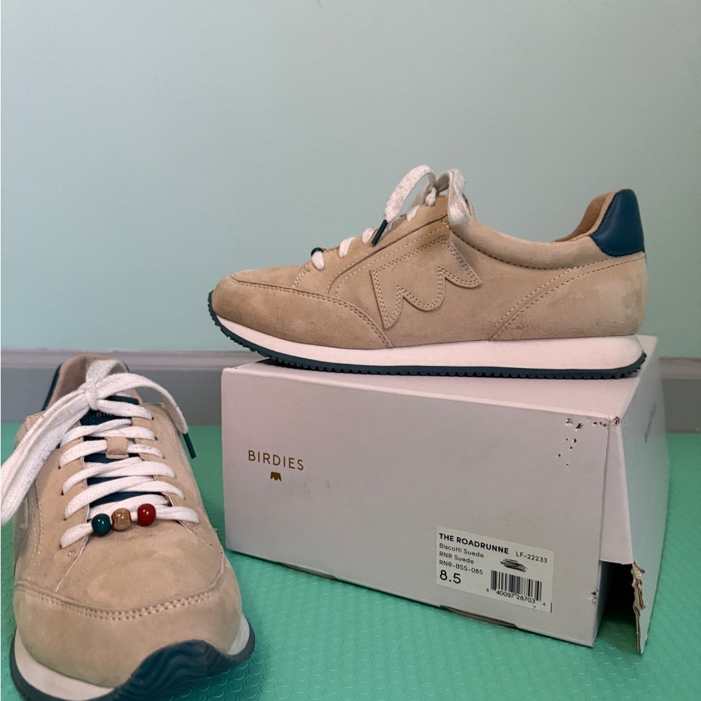 Birdies Cream and Blue Retro Sneakers with Suede Finish